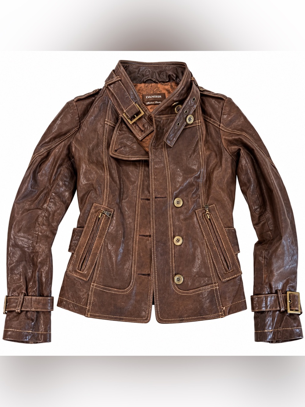 Danier Brown Leather Field Jacket with Buckle Collar